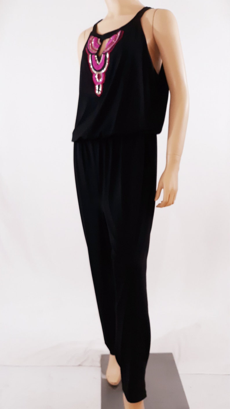 Women's Jumpsuit 90's One Piece Romper Black Pink Beaded Sleeveless Drapey Gorgeous Excellent Condition Designer by NICOLE MILLER Size XL image 5
