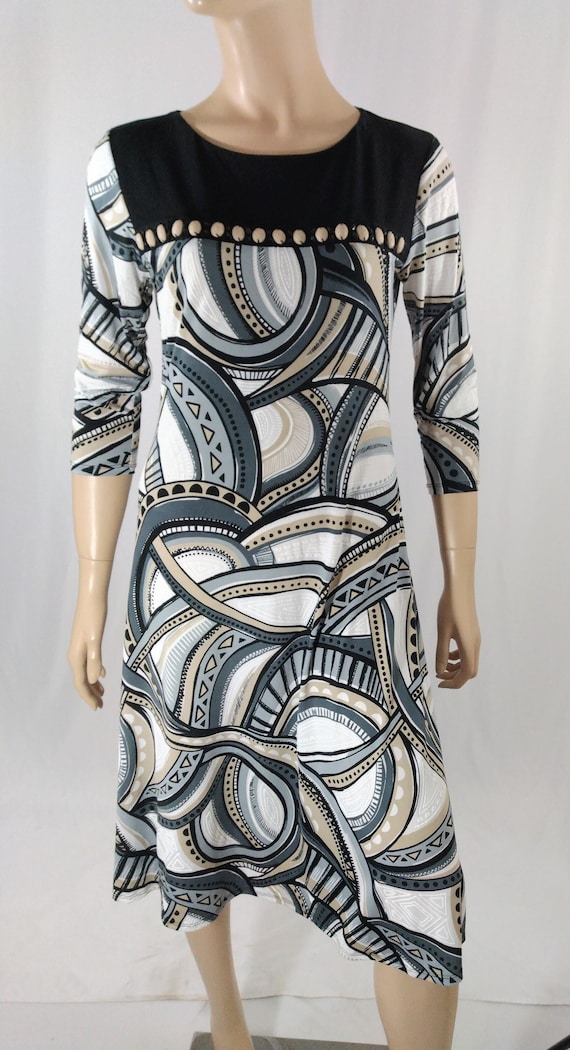 Women's Dress Black White Geo Abstract Dress 3/4 S