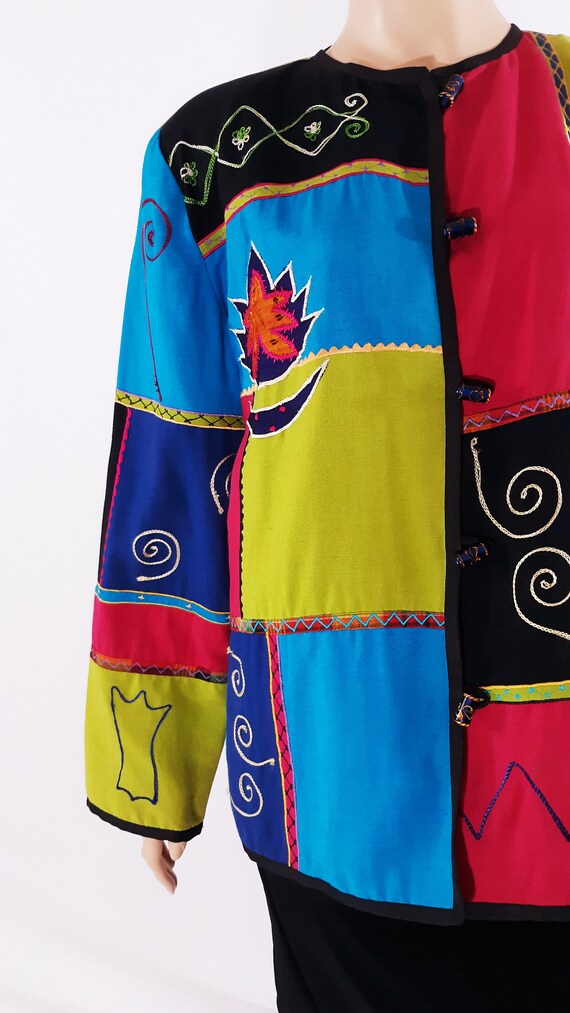 Vintage 80s Embroidered Color Block Jacket, Pop A… - image 6