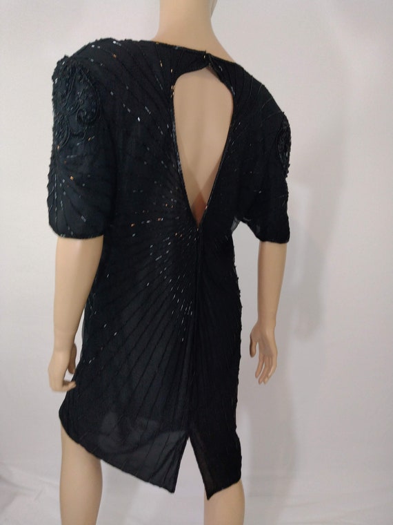 Black Beaded Dress Women's 80's Sequined Short Sl… - image 3