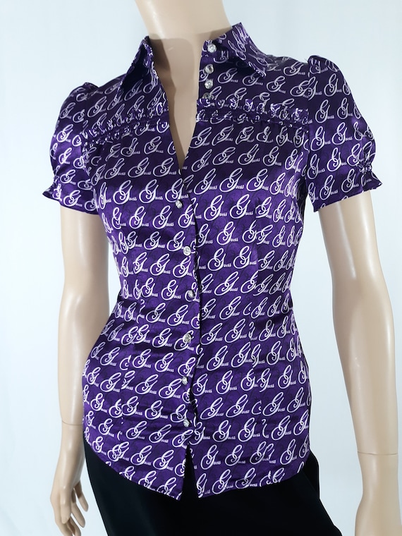 Women's Purple Shirt Short Puffy Sleeve White Sati