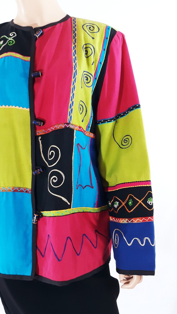 Vintage 80s Embroidered Color Block Jacket, Pop A… - image 5