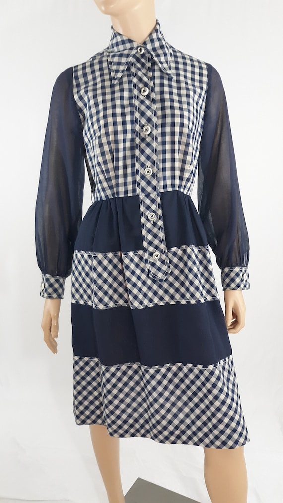 1970's Women's Dress Blue White Gingham Authentic… - image 1