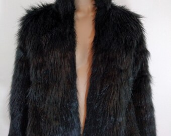 Faux Fur Coat Women's Black Monkey Fur Coat Fluffy Fuzzy Warm Soft Black Satin Lining Excellent PERFECT NEW Condition Vintage Size L