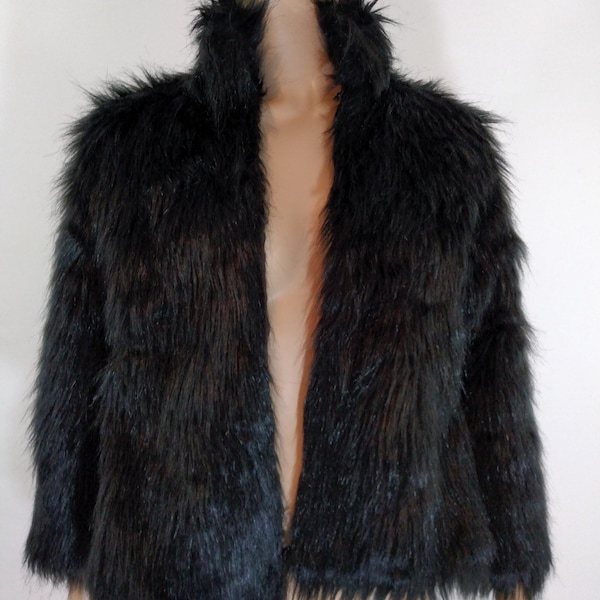 Faux Fur Coat Women's Black Monkey Fur Coat Fluffy Fuzzy Warm Soft Black Satin Lining Excellent PERFECT NEW Condition Vintage Size L