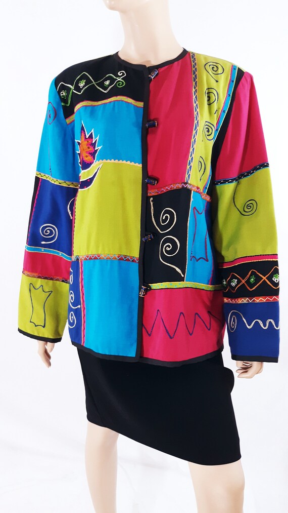 Vintage 80s Embroidered Color Block Jacket, Pop A… - image 2