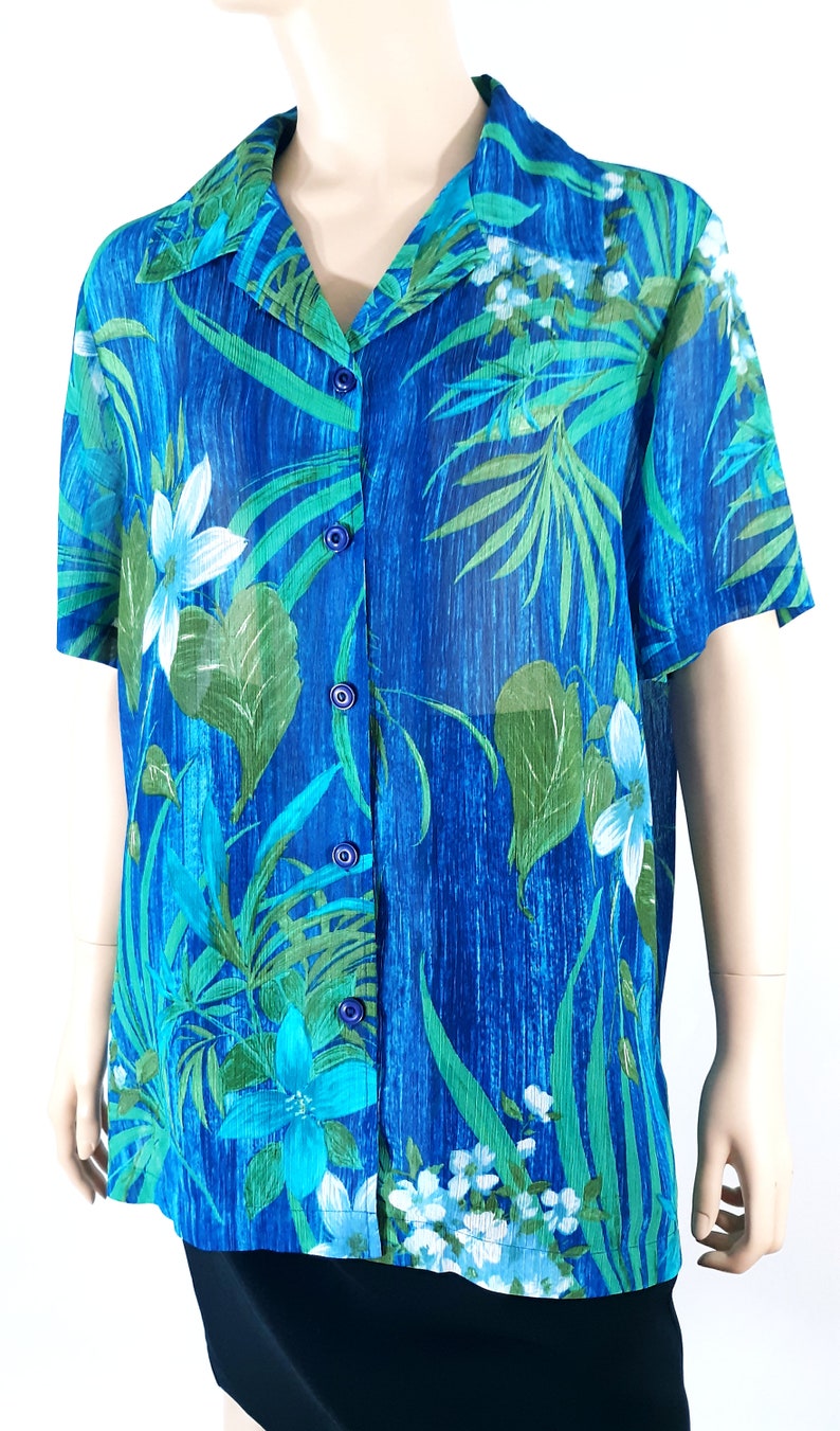 Women's Hawaiian Shirt 80's Short Sleeve Green Blue Tropical Button Down Excellent Like New Condition Vintage by DRAPER & DAMONS Size L image 7