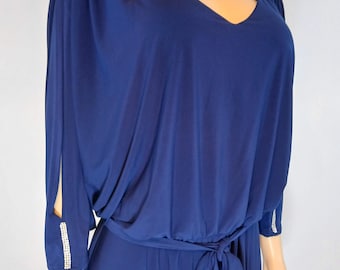 Designer Jumpsuit Blue, Dressy, Rhinestone Trim, Size XL