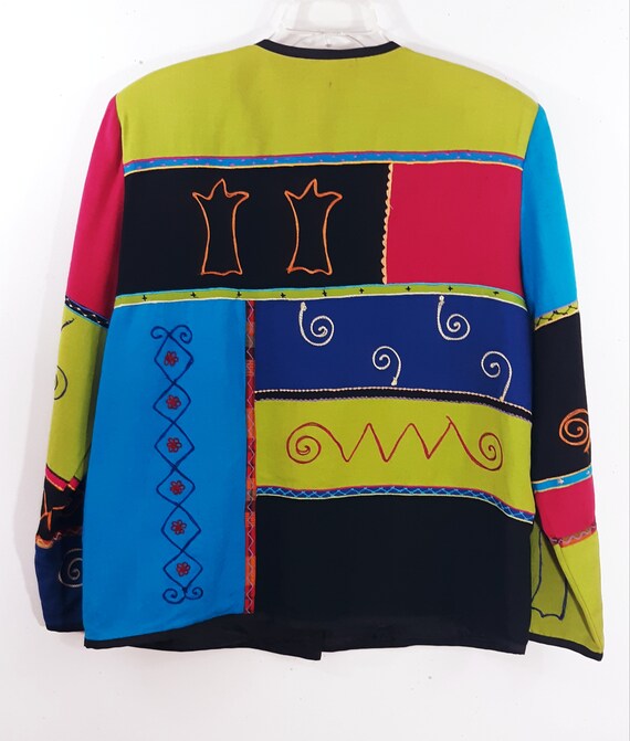 Vintage 80s Embroidered Color Block Jacket, Pop A… - image 9