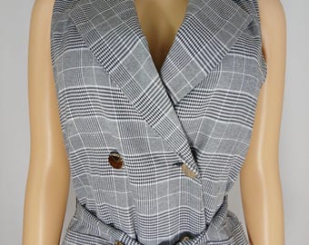 Women's Vest Blazer Sleeveless Top, Glen Plaid, 65% Cotton, Belt, Vintage size L
