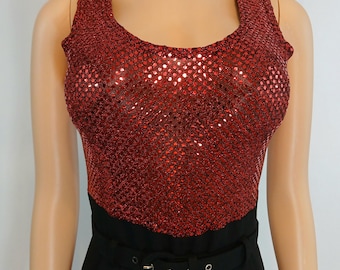 80s Sequin Jumpsuit: Red Tank, Black Pleated Pants, Belted - Size 4p