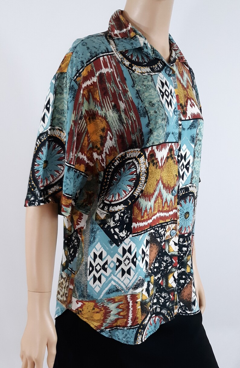 80/'s Women/'s Hawaiian Shirt Short Sleeve Blue Black Gold Turquoise Cool Print Button Down 100/% Rayon Tiny Collar Vintage by CALICHE Size S