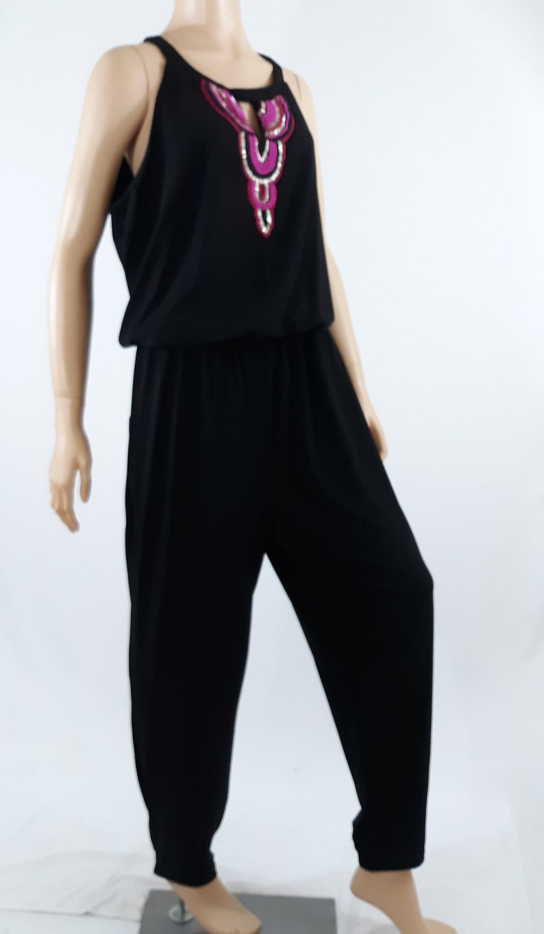 Women's Jumpsuit 90's One Piece Romper Black Pink Beaded Sleeveless Drapey Gorgeous Excellent Condition Designer by NICOLE MILLER Size XL image 3