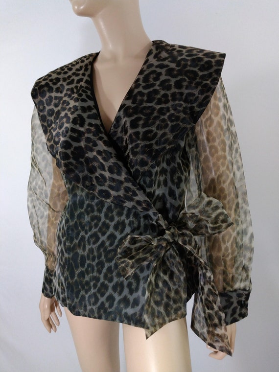 Women's Leopard Blouse Women's Long Sheer Sleeves 