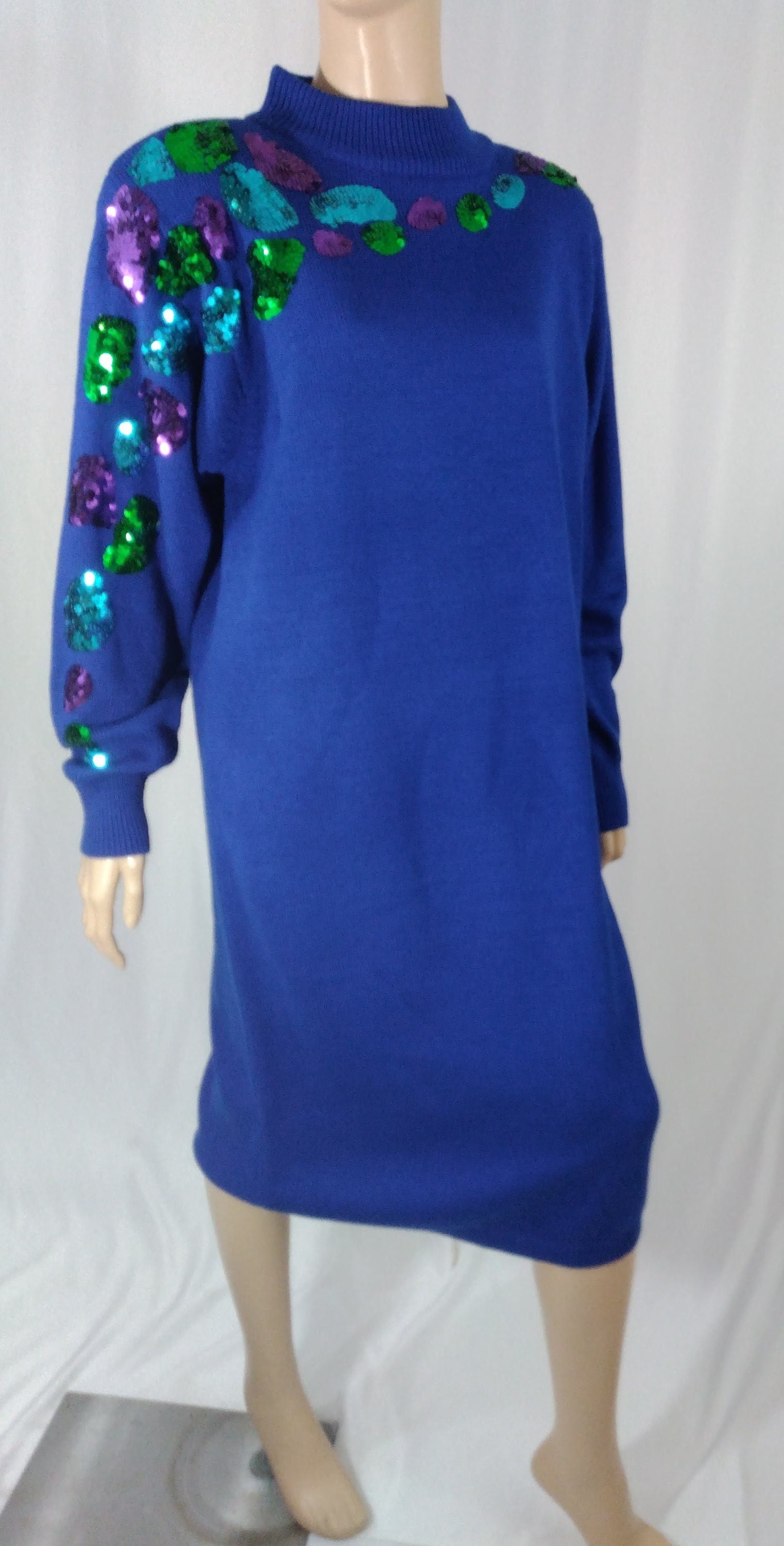 80 s Sweater Dress Women s Blue Long Sleeve Colorful Sequined