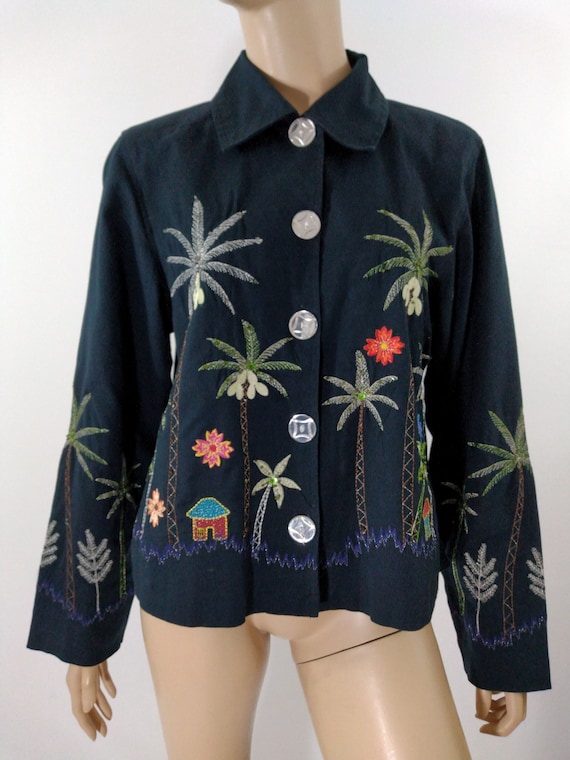 Women's Black Jacket Top Linen/ Cotton Fabric Emb… - image 1