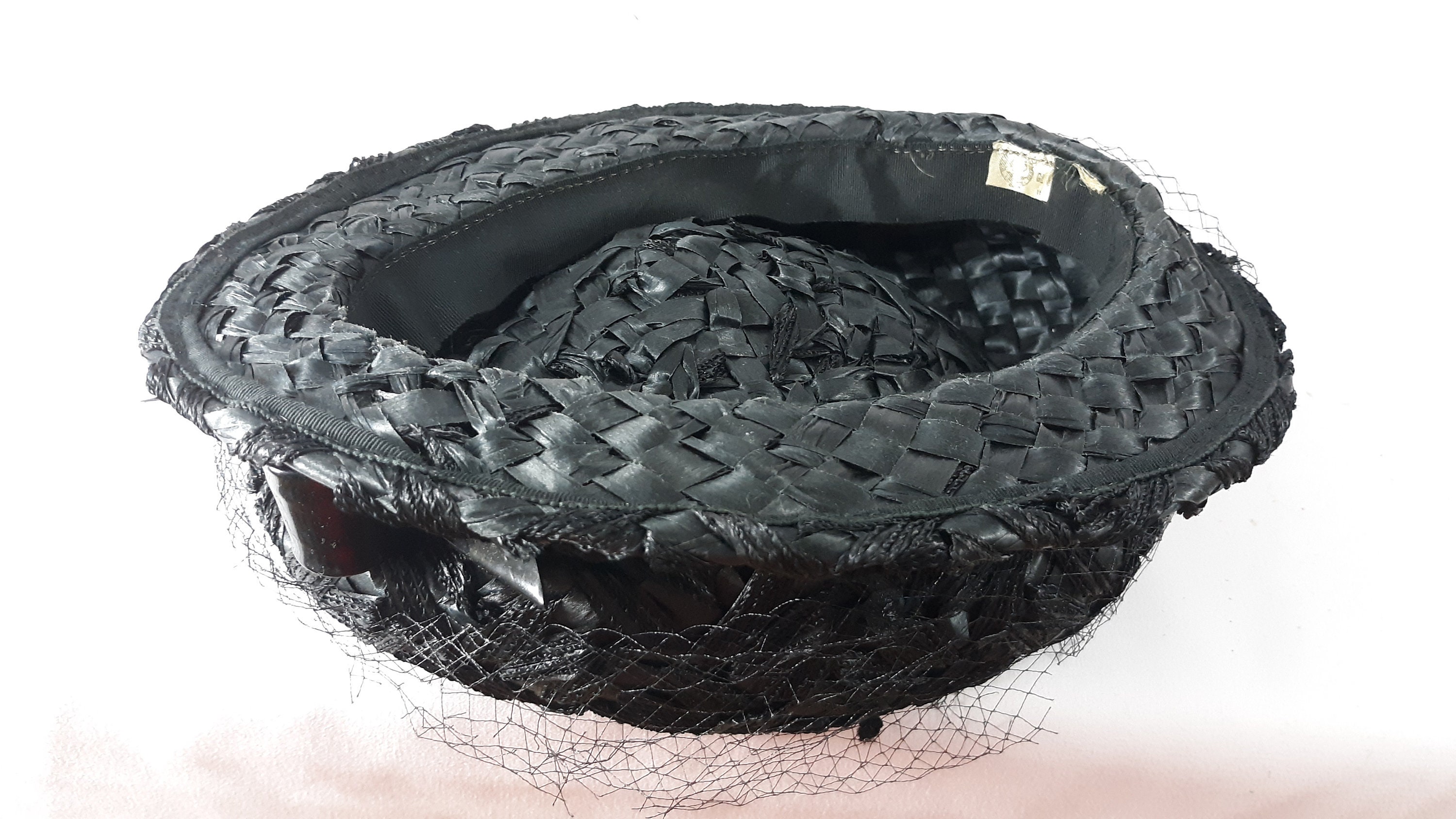Vintage Black Velvet Pillbox Hat with Netting Beaded Detail Polka Dot Lining Vintage 60s Braided Pillbox Hat, Black Velvet Polka Dot  main image 2
