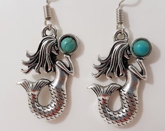 Mermaid Earrings Turquoise Earrings Womens Girls Silver Tone Fabulous Detail Boho Dangle Great Gift Mermaid Lovers Handmade Sea Life Jewelry