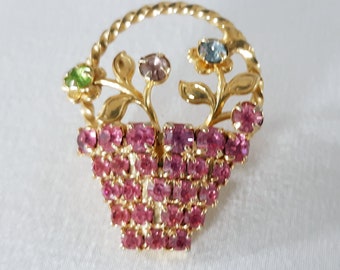 Pink Rhinestone Brooch 60's Women's Vintage Jewelry Flower Basket Pink Gold Tone Blue Purple Green Accents Gift Box Excellent Condition