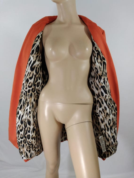 Women's Orange Coat Orange Overcoat Leopard Print… - image 1