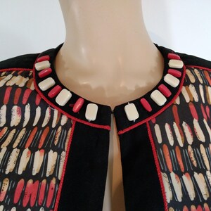 Women's Blazer Jacket Black Red Beige Geo Tribal Print Red Bead Accent Satin Lining Black Trim Like New Condition Vintage by IVY CHIC Size S