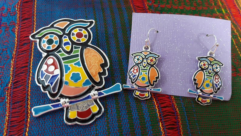 Handmade Pendant Owl Earrings Set Womens Girls Rainbow Multicolor Artsy Mosaic Silver Tone Enamel Boho Jewelry Dangle Gift Craft Charm