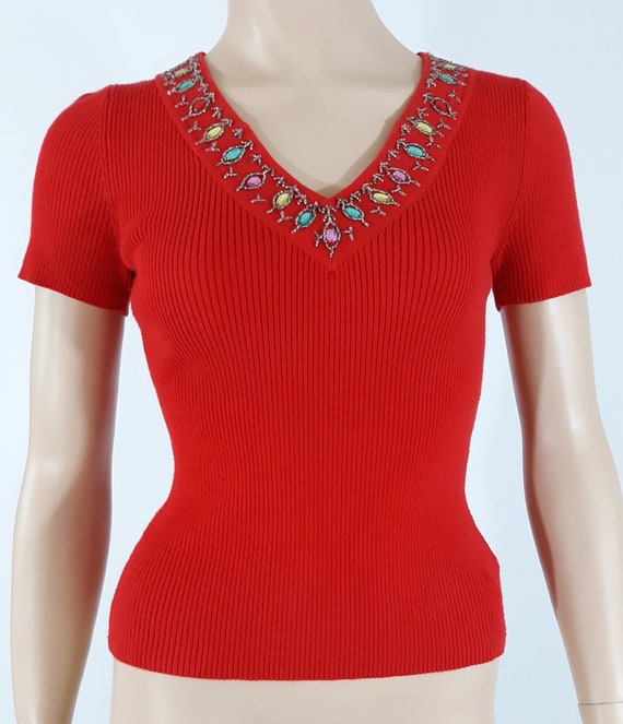 Womens Red Sweater Shirt Lipstick Red Pastel Bead… - image 1