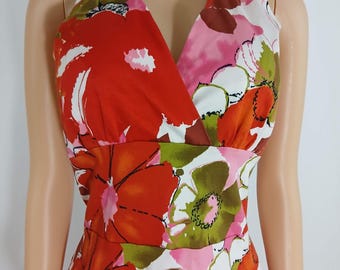 Vintage Red Halter Dress, Size 14, Abstract Floral, Stretchy Cotton fabric