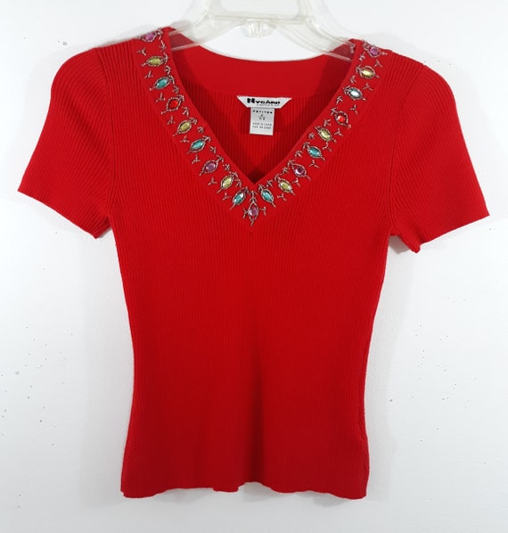 Womens Red Sweater Shirt Lipstick Red Pastel Bead… - image 8