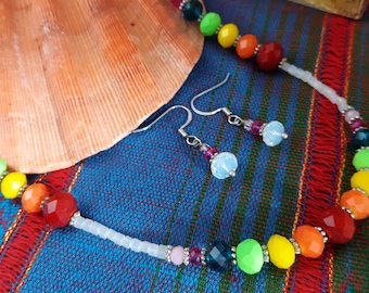 Handcrafted Rainbow Crystal Necklace and Earrings Set