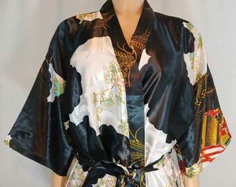 Japanese Satin Robe, Woman with Parasol Print, Belt, Size M-L