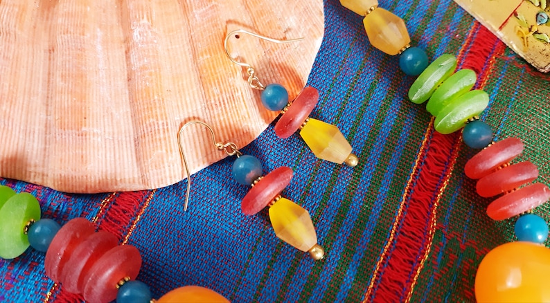 Necklace Womens Handmade Jewelry Necklace Earrings Set Artist Designed Red Yellow Green Blue Gemstone Multi Bead Mix GORGEOUS Great Gift