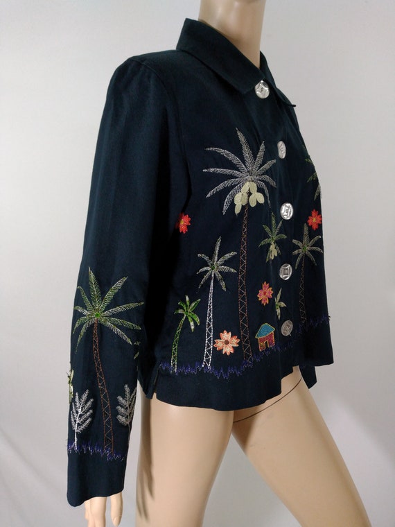 Women's Black Jacket Top Linen/ Cotton Fabric Emb… - image 4