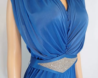 Vintage Jumpsuit 79s 80s, Royal Blue, Sleeveless Drapey Disco, Silver Glitter Belt, Size M