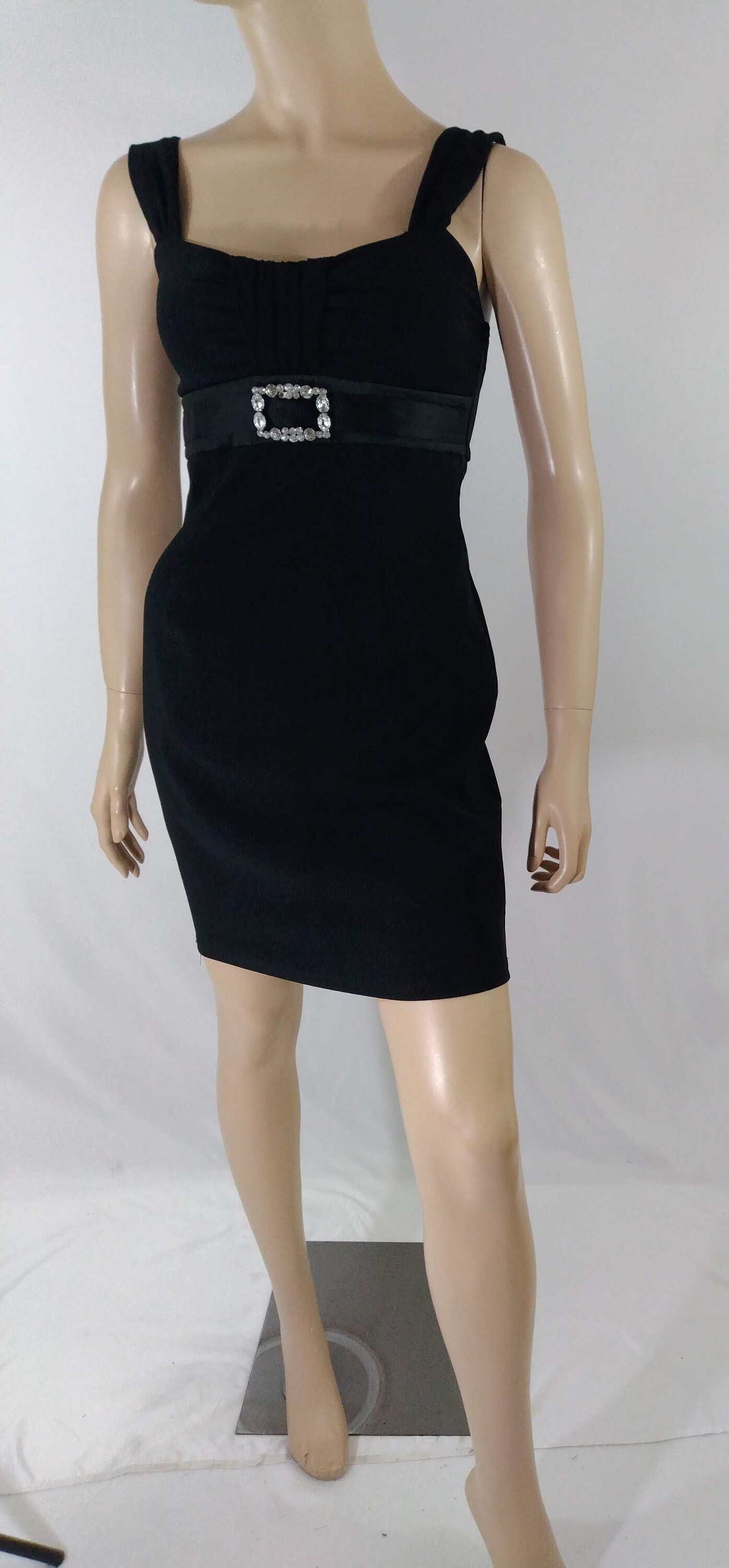90s Black Cocktail Dress, Empire Waist, Rhinestone Buckle, Size 3