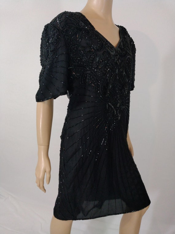 Black Beaded Dress Women's 80's Sequined Short Sl… - image 6