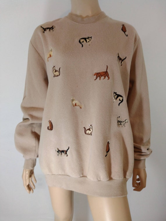 Cat Sweatshirt Women's 80's 90's Embroidered Cats… - image 7