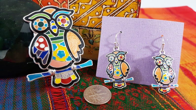 Handmade Pendant Owl Earrings Set Womens Girls Rainbow Multicolor Artsy Mosaic Silver Tone Enamel Boho Jewelry Dangle Gift Craft Charm
