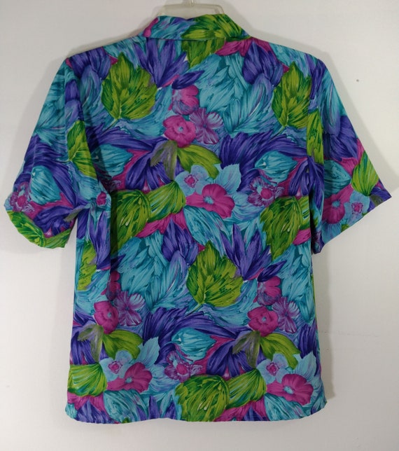 80's Women's Shirt Short Sleeve Green Blue Floral… - image 10