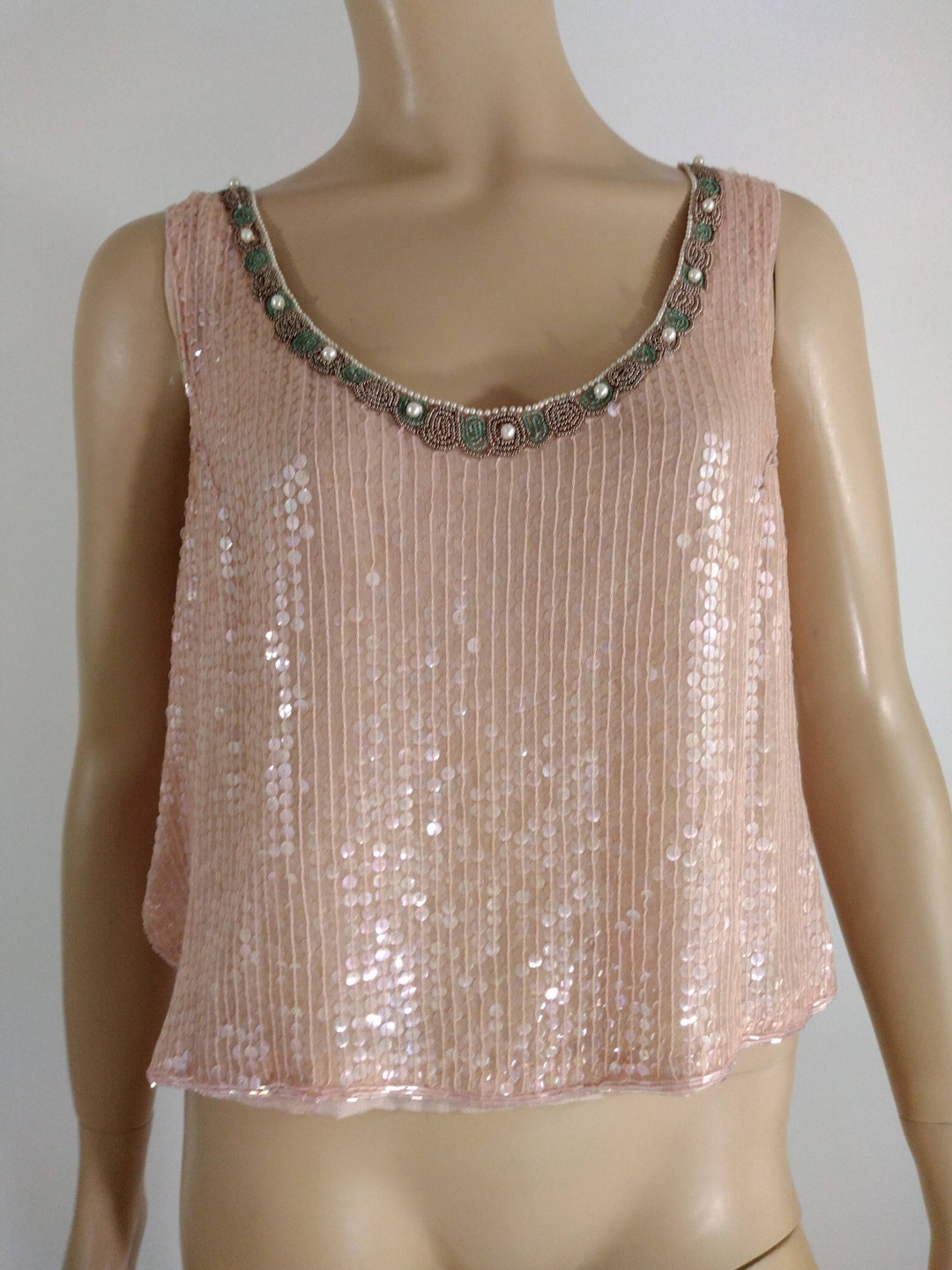 Women's Beaded Top 60's 70's 100 Silk Pastel Pink Beaded Sequined
