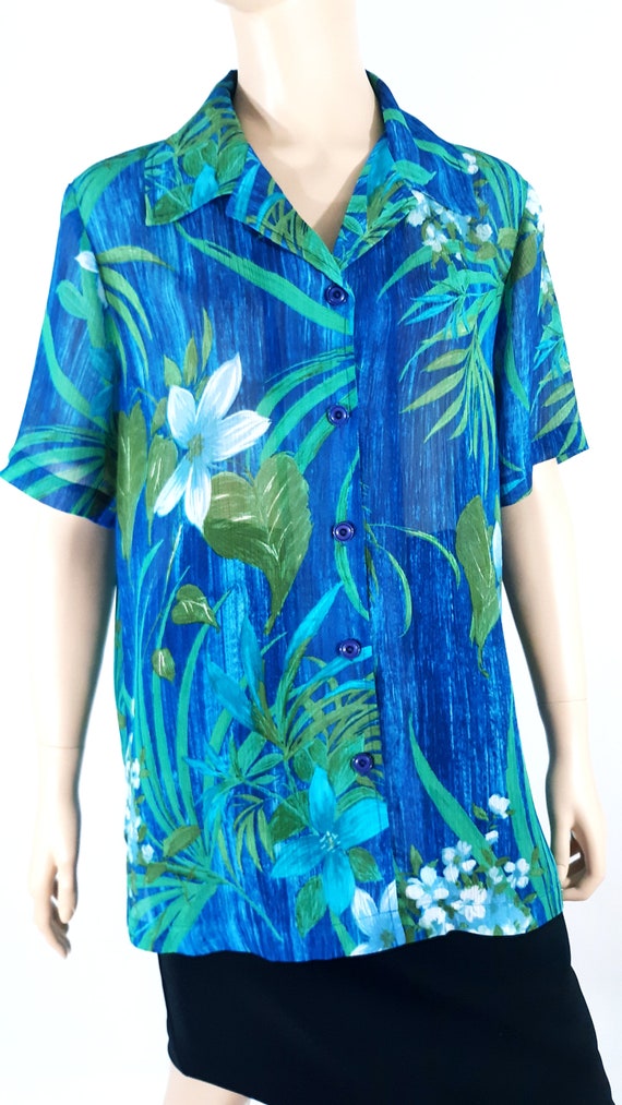 Women's Hawaiian Shirt 80's Short Sleeve Green Bl… - image 4