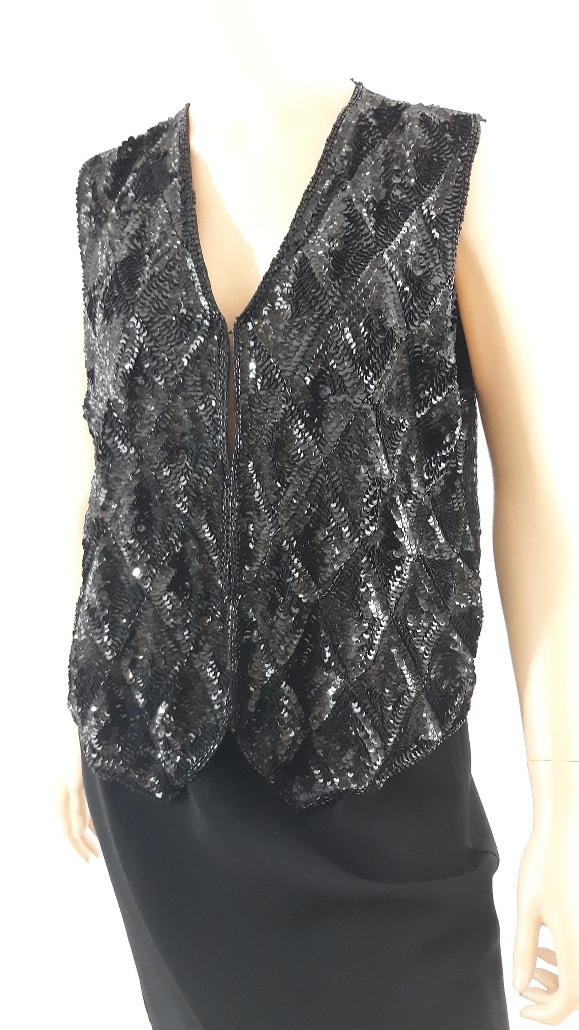 Black Sequin Vest Women's Black Sequined Beaded Sparkly Etsy
