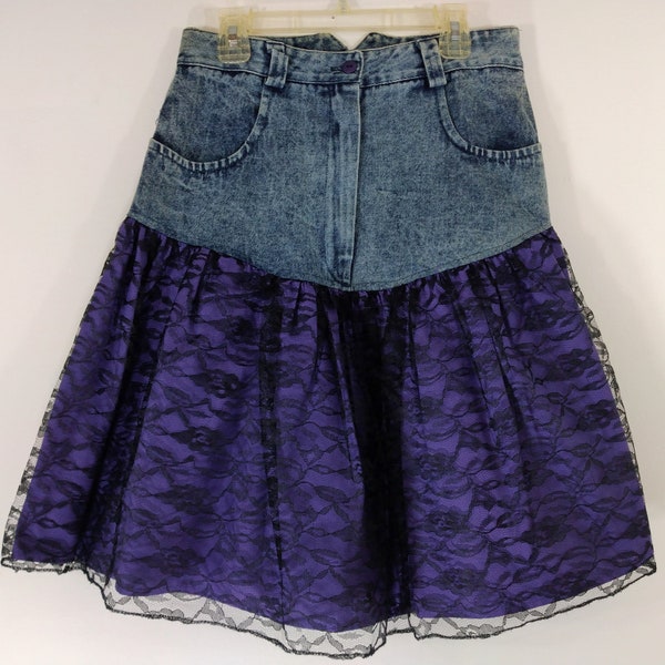 80's Denim Skirt Women's Skirt Blue Fitted Waist Purple Black Lace Flared Ruffle Rare Excellent Vintage by JERRY LEIGH Cali Usa Size 9/10