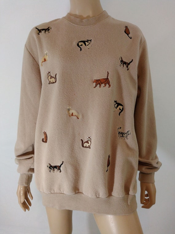 Cat Sweatshirt Women's 80's 90's Embroidered Cats… - image 1