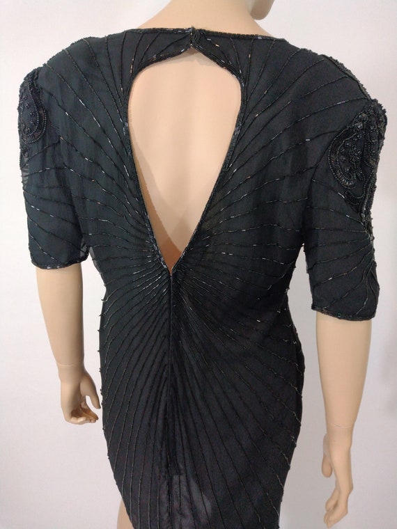 Black Beaded Dress Women's 80's Sequined Short Sl… - image 5