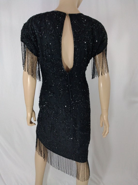 Black Beaded Dress Women's 70's 80's 100% Silk Se… - image 6