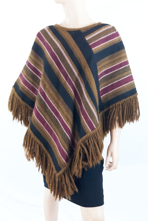 Handmade 70s Wool Poncho: Striped, Fringed, Vinta… - image 2