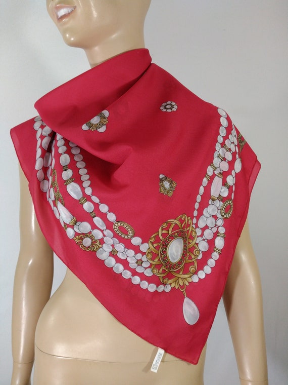 Women's Red Scarf 80's 90's Square 34 x 35 Inch P… - image 2