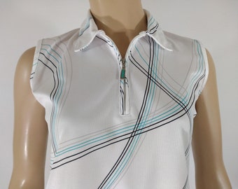 Vintage IZOD Golf Top: Sleeveless White, Blue & Gray Stripes, Size M