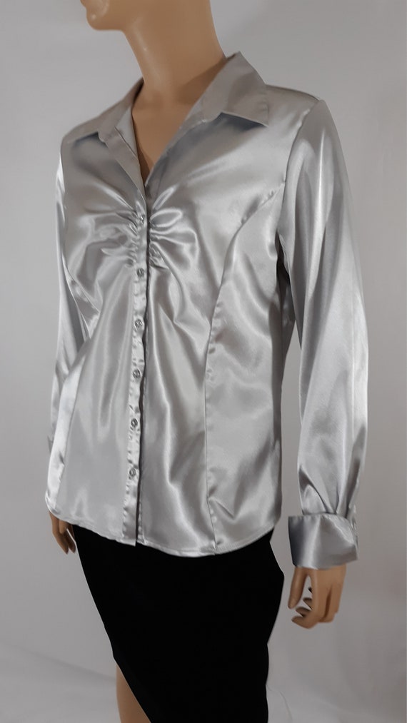 Women's Satin Shirt 90's White Gray Disco Long Sle